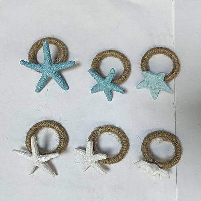 6 piezas 6 estilos de anillos de servilleta de yute, Adorno para servilletero con forma de estrella de mar de resina, restaurante accessiroes diarios
