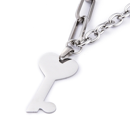 304 Stainless Steel Pendant Necklaces, with Paperclip Chains & Cable Chains, Heart Key