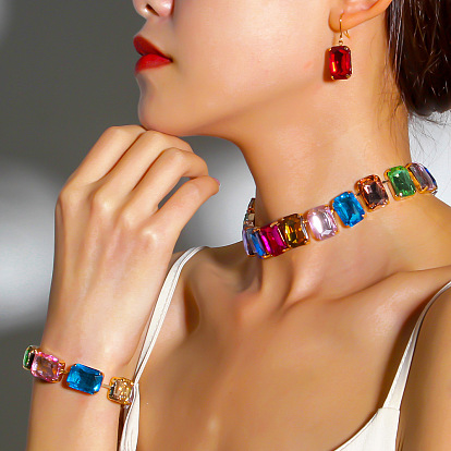 Наборы из ожерелий, браслетов и серег из сплава и стекла с прямоугольными звеньями, золотые