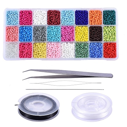 10656Pcs 24 Colors Glass Seed Beads, Stainless Steel Needles & Beading Tweezers, Flat Elastic Crystal String, for DIY Stretch Jewelry Sets Kits