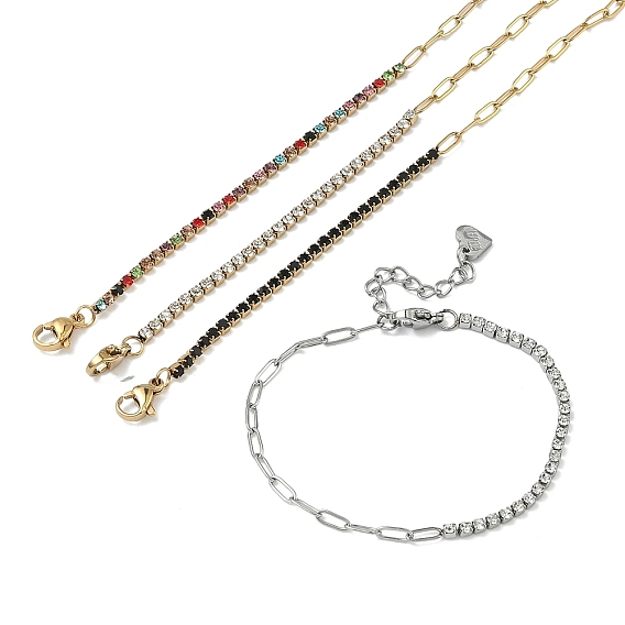 304 Браслеты из нержавеющей стали в виде цепочки из скрепки и цепочки со стразами для женщин, квадратный