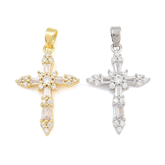 Brass Micro Pave Clear Cubic Zirconia Pendants, Cross Charms