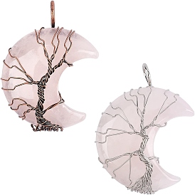 2pcs 2 pendentifs enveloppés de fil de quartz rose naturel de couleurs, avec des accessoires de platine et de cuivre rouge, lune