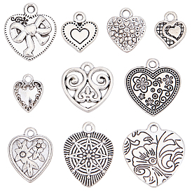 50Pcs 10 Styles Tibetan Style Alloy Charms, Heart Charms