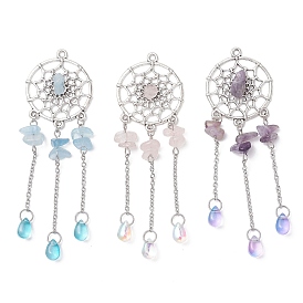 3 шт. 3 стили сплава плетеная сетка с каплевидными большими подвесками, с натуральным аметистом, розовым кварцем и аквамариновой крошкой и стеклянной кисточкой, старинное серебро и цвет нержавеющей стали