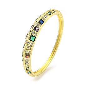 Brass Micro Pave Clear Cubic Zirconia Hinged Bangles, Colorful Glass Square Bangles for Women