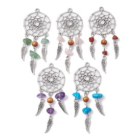 10Pcs 5 Colors Natural Amethyst & Red Jasper & Rose Quartz & Green Aventurine & Dyed Magnesite Chip and Rond Wood Big Pendants, Alloy Woven Web/Net with Wing Charms, Antique Silver