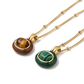 Natural Mixed Gemstone Enamel Oval Pendant Necklace, with Real 18K Gold Plated Titanium Steel Satellite Chains