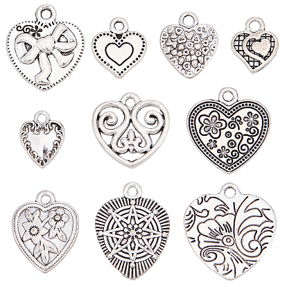 50Pcs 10 Styles Tibetan Style Alloy Charms, Heart Charms