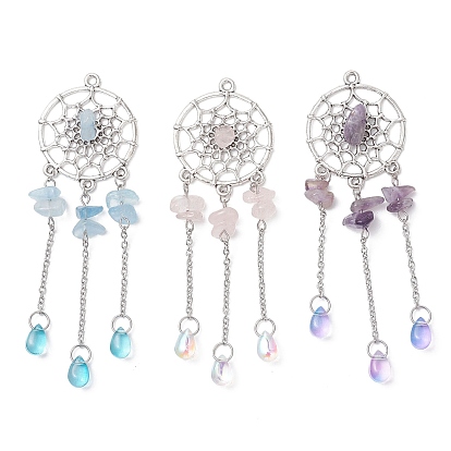 3 шт. 3 стили сплава плетеная сетка с каплевидными большими подвесками, с натуральным аметистом, розовым кварцем и аквамариновой крошкой и стеклянной кисточкой, старинное серебро и цвет нержавеющей стали