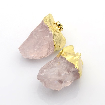 Electroplate Natural Nuggets Rose Quartz Pendants, with Brass Findings, 15~32x25~55mm, Hole: 8x5mm