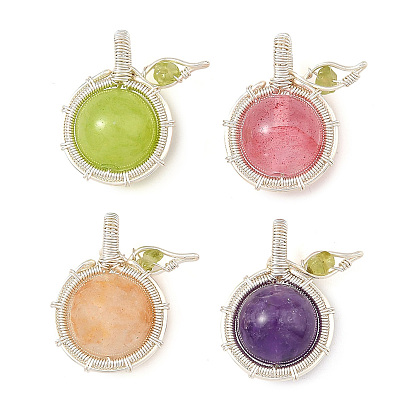 4 piezas 4 estilos cuarzo hematoide amarillo natural y amatista y jade flor y jade verde teñido y peridoto colgantes envueltos en alambre de cobre, encantos de manzana, color mezclado