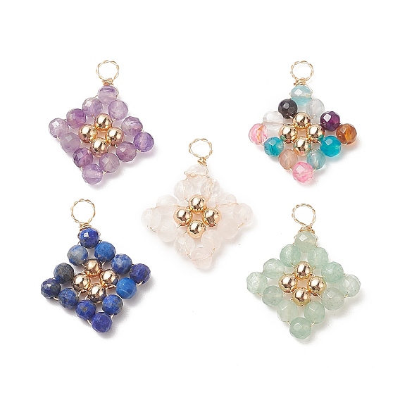 Natural Mixed Stone Copper Wire Wrapped Pendants, Rhombus Charms with Brass Beads, Golden