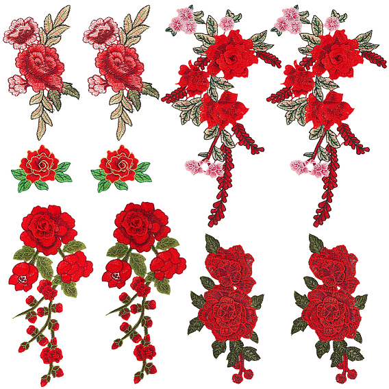 6Pcs 3 Styles & 2 Pairs 2 Styles Computerized Embroidery Cloth Iron on/Sew on Patches, Flower Polyester Appliques