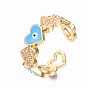 Brass Micro Pave Clear Cubic Zirconia Cuff Rings, Open Rings, with Enamel, Nickel Free, Heart with Evil Eye, Real 16K Gold Plated