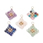 Natural Mixed Stone Copper Wire Wrapped Pendants, Rhombus Charms with Brass Beads, Golden