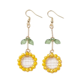 Sunflower Glass Beaded Dangle Earrings, Brass Earrings for Women