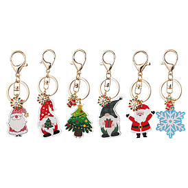 Christmas Theme Printed Acrylic Pendants Keychain, with Alloy Enamel Pendats and Iron Alloy Lobster Claw Clasp Keychain