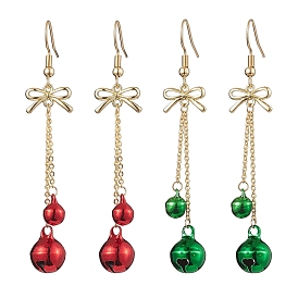 2Pairs 2 Colors Christmas Theme Brass Bell & Bowknot Dangle Earrings, Tassel Cable Chains Earrings for Women