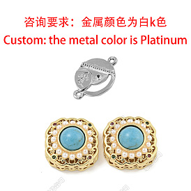 Maillons multibrins ronds plats en turquoise synthétique pavée de laiton, avec zircone cubique colorée et perle d'imitation