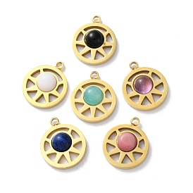 Natural Mixed Gemstone Sun Charms, Ion Plating(IP) 304 Stainless Steel Flat Round Charms, Mixed Dyed & Undyed