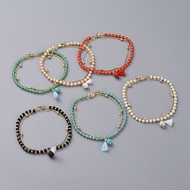 Multi-strand Bracelets, with Gemstone Beads and Glass Beads, Brass Cable Chains, Polycotton(Polyester Cotton) Tassel Pendants and Braided Nylon Thread