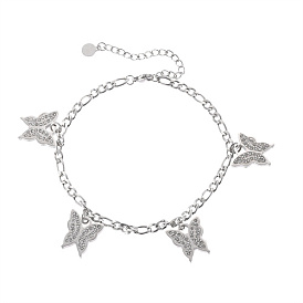 Glass Butterfly Charm Anklet with Stainless Steel Figaro Chains