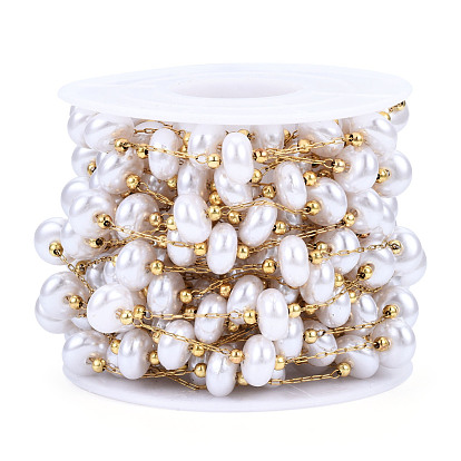 ABS Plastic Pearl Disc Beaded Chains, with Golden 316 Stainless Steel Paperclip Chains, Soldered, with Spool