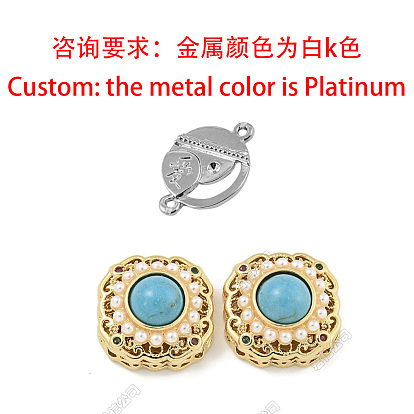 Maillons multibrins ronds plats en turquoise synthétique pavée de laiton, avec zircone cubique colorée et perle d'imitation
