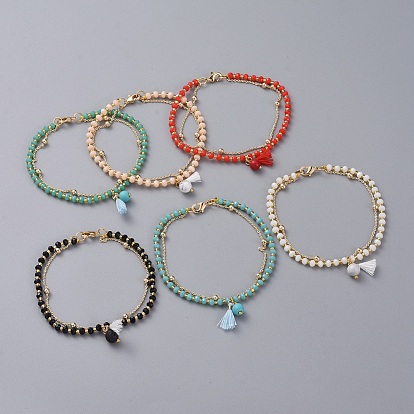 Multi-strand Bracelets, with Gemstone Beads and Glass Beads, Brass Cable Chains, Polycotton(Polyester Cotton) Tassel Pendants and Braided Nylon Thread