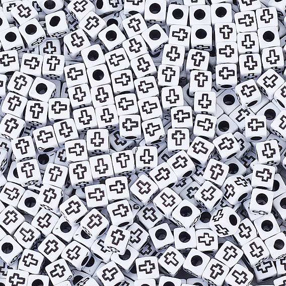 1000Pcs Craft Style Acrylic Beads, Cube with Cross