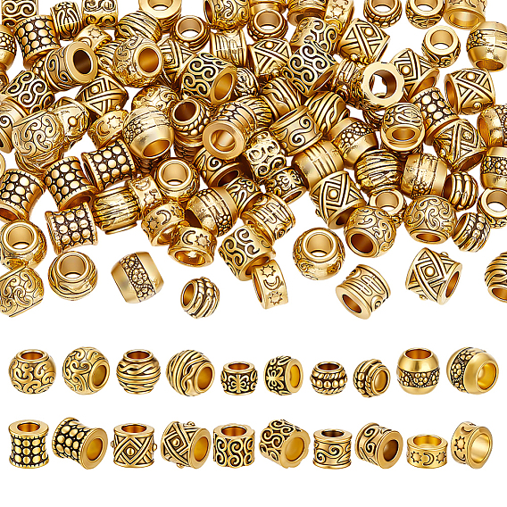 100Pcs 10 Styles Tibetan Style Alloy European Beads, Large Hole Beads