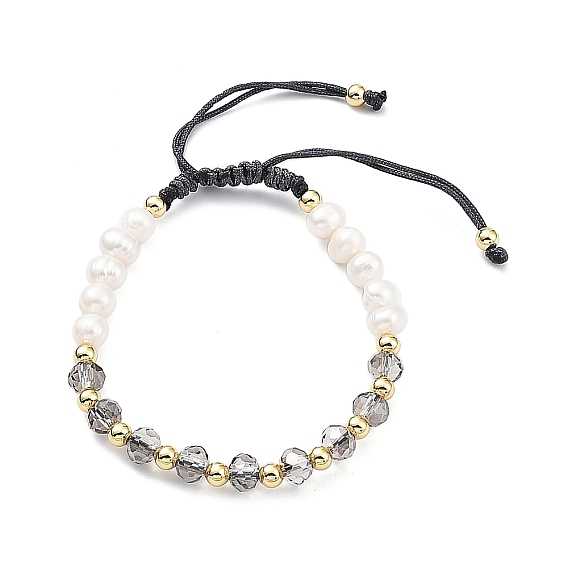 Adjustable Natural Pearl & Glass & Brass Braided Beaded Bracelet for Women