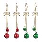 2Pairs 2 Colors Christmas Theme Brass Bell & Bowknot Dangle Earrings, Tassel Cable Chains Earrings for Women