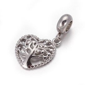 Placage ionique (ip) 304 charmes pendants de style européen en acier inoxydable, Pendentifs grand trou, Coeur avec arbre