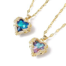 Brass Micro Pave Cubic Zirconia Pendant Necklaces, with Glass, Heart