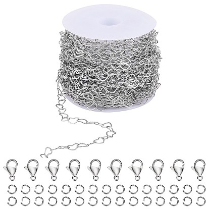 10m 304 Edelstahl-Herzgliederketten, mit Spule, gelötet, mit 30Stk. Sprungringe, 10 Stück Karabinerhaken