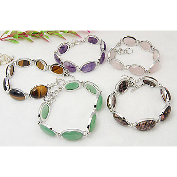 Gemstone Link Bracelets, with Brass Findings, Mixed Color, 8.7 inch , Beads: 18x15x7mm
