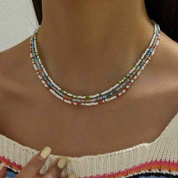 3 шт. круглые стеклянные бусины в стиле бохо-океан 3 многослойные ожерелья для женщин, одежда для отдыха, платина