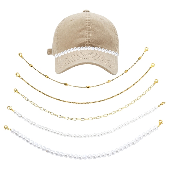 5шт. латунные цепочки-скрепки и акриловые бусины с имитацией жемчуга цепочка для бейсболки, Сплав с застежками когтя омара