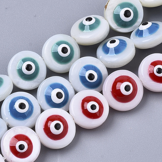 Natural Freshwater Shell Beads, Enamelled Sequins, Flat Round with Evil Eye