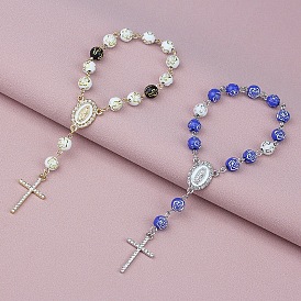 Cross & Virgin Mary Alloy Rhinestone Charm Bracelet, Plastic Round with Flower Rosary Beads Bracelet