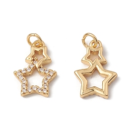 Rack Plating Brass Charms, with Cubic Zirconia & Jump Ring, Double Star Charm, Cadmium Free & Lead Free, Long-Lasting Plated, Real 18K Gold Plated