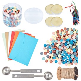 Kits de scrapbook bricolage craspire, sceller les particules de cire pour le sceau rétro, avec ficelle de chanvre, enveloppes en papier, ruban de satin, cuillère de sceau de cire, bougie, contenants de perles en plastique, mat éponge