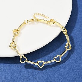 Латунные браслеты-цепочки с микропаве из прозрачных кубических цирконий для женщин, сердце, стойки покрытие, долговечный, без свинца и без кадмия