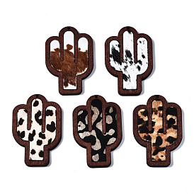 Grands pendentifs en cuir de vachette écologique, avec du bois teint, cactus avec imprimé léopard