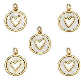 Real 18K Gold Plated Brass Pendants, with Natural Shell, Long-Lasting Plated, Flat Round with Heart