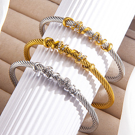 304 Stainless Steel Crystal Rhinestone Open Cuff Bangles with Wrap Knot