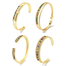 Brass Micro Pave Clear Cubic Zirconia Cuff Bangles, Colorful Glass Bangles for Women, Real 18K Gold Plated