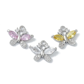Brass Micro Pave Clear Cubic Zirconia Charms, with Glass, Butterfly, Real Platinum Plated